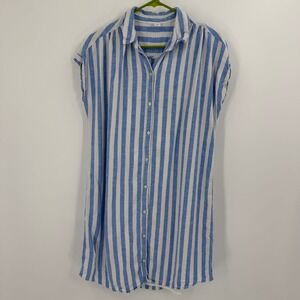 Old Navy Linen‎ Blend Striped Shirt Dress Womens Size L Blue White Casual Lined